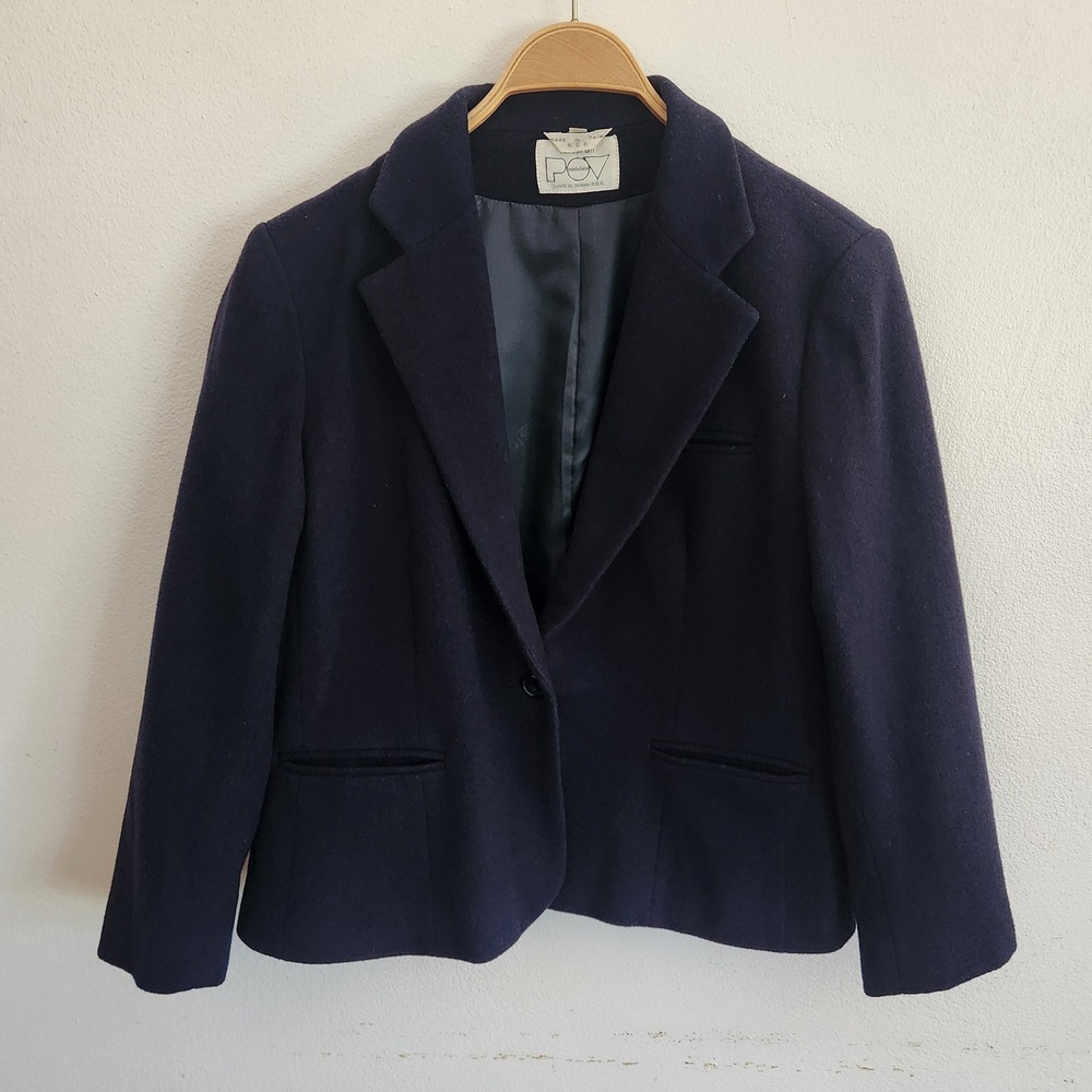Nordstrom Point of View Vintage Wool Cashmere Cropped Blazer 14 Navy Blue Preppy